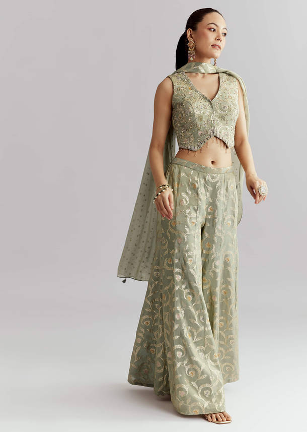 Green Tissue Crop Top And Palazzo Pant Set With Embroidery