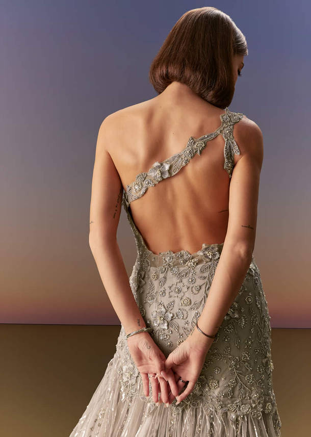 Grey Backless Gown With One Shoulder Bodice And Sculpted Fit