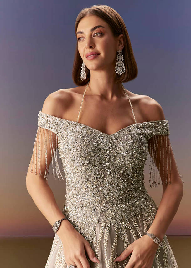 Grey Gown Off Shoulder With Silver Embroidery