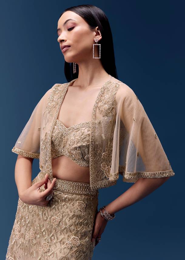 Ivory Embellished Fishcut Lehenga Set with Cape