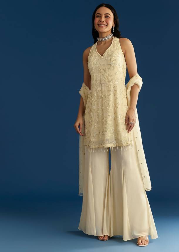 Ivory Georgette Kurta Palazzo Set With Dupatta