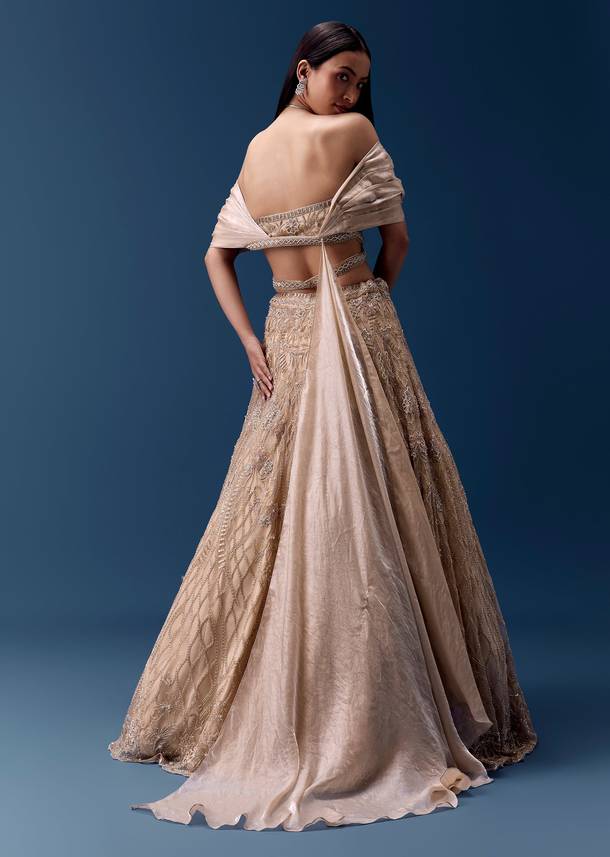 Ivory Off Shoulder Draped Blouse with Embellished Lehenga
