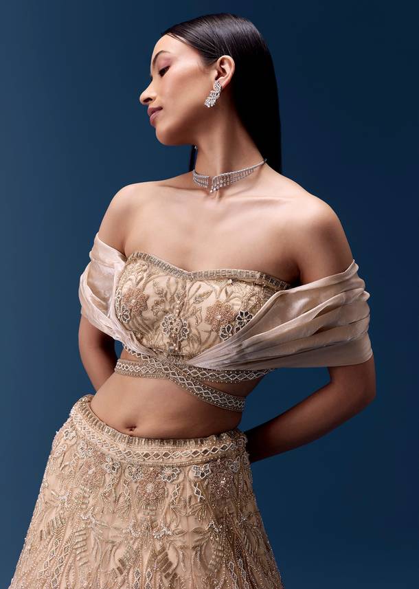 Ivory Off Shoulder Draped Blouse with Embellished Lehenga