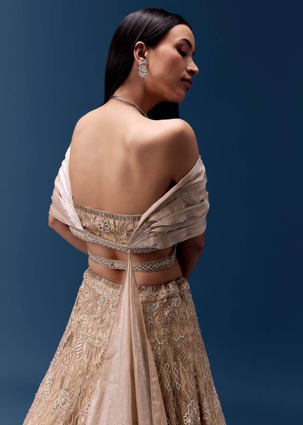 Ivory Off Shoulder Draped Blouse with Embellished Lehenga