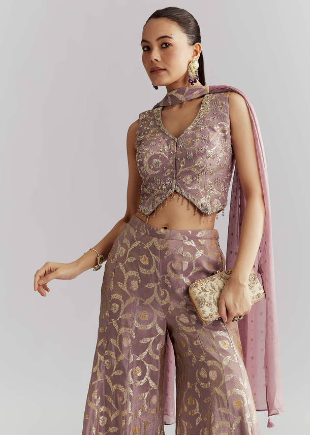 Lavender Tissue Crop Top And Palazzo Pant Set With Embroidery