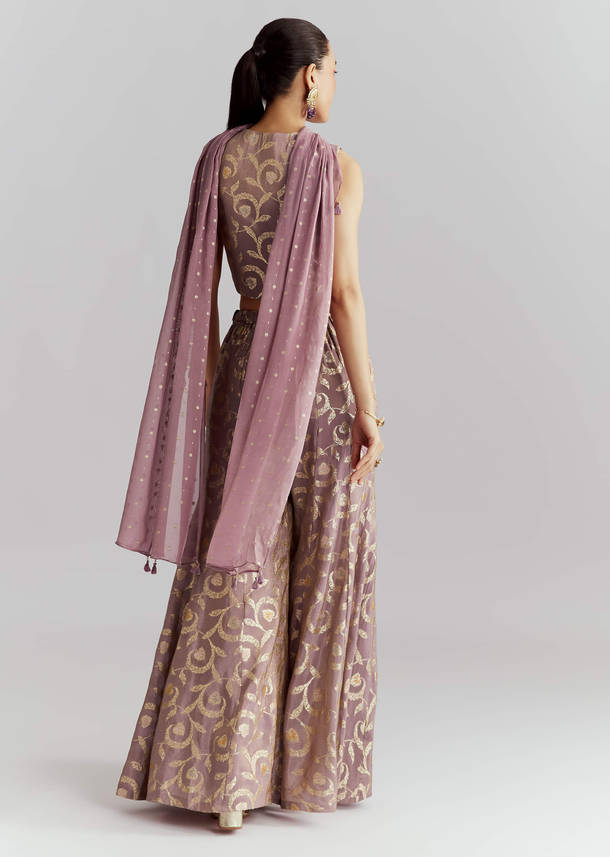 Lavender Tissue Crop Top And Palazzo Pant Set With Embroidery