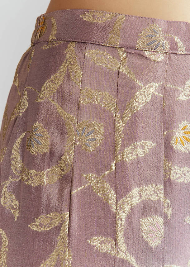 Lavender Tissue Crop Top And Palazzo Pant Set With Embroidery