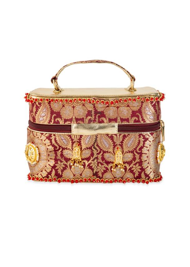 Maroon and Gold Floral Motif Brocade Silk Bag