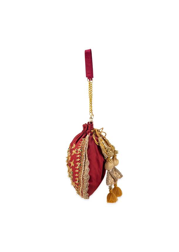 Maroon and Gold Silk Peacock Motif Embroidered Potli Bag