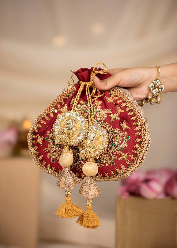 Maroon and Gold Silk Peacock Motif Embroidered Potli Bag