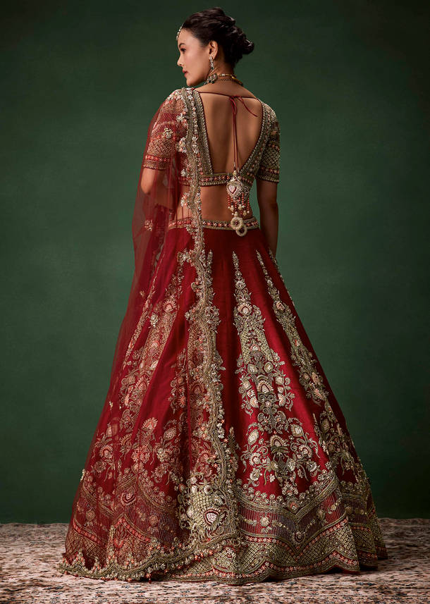 Maroon Bridal Lehenga Set In Raw Silk with Two Dupattas