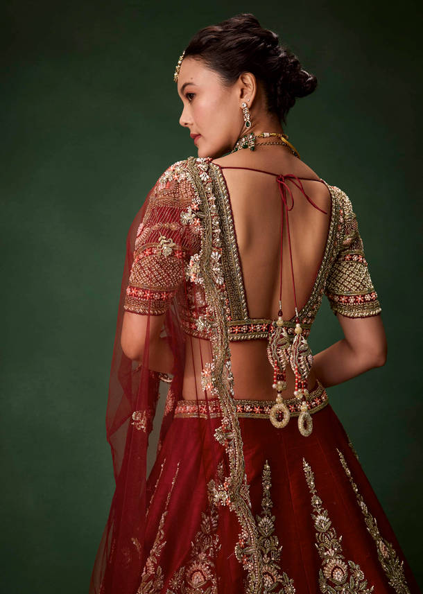 Maroon Bridal Lehenga Set In Raw Silk with Two Dupattas