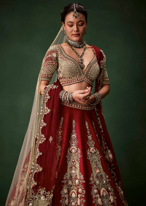 Maroon Bridal Lehenga Set In Raw Silk with Two Dupattas
