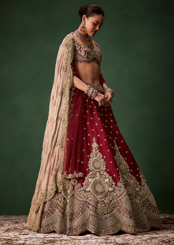 Maroon Bridal Patchwork Silk Lehenga Set with  Two Dupattas