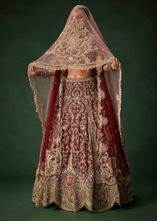 Maroon Bridal Silk Embellished Lehenga Set with  Two Dupattas