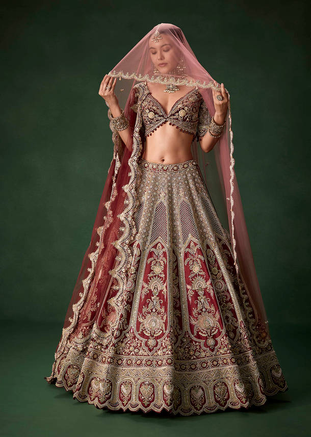 Maroon Bridal Silk Sequin Lehenga Set with  Two Dupattas