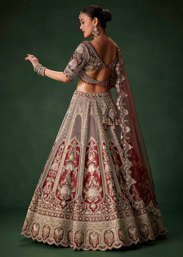 Maroon Bridal Silk Sequin Lehenga Set with  Two Dupattas