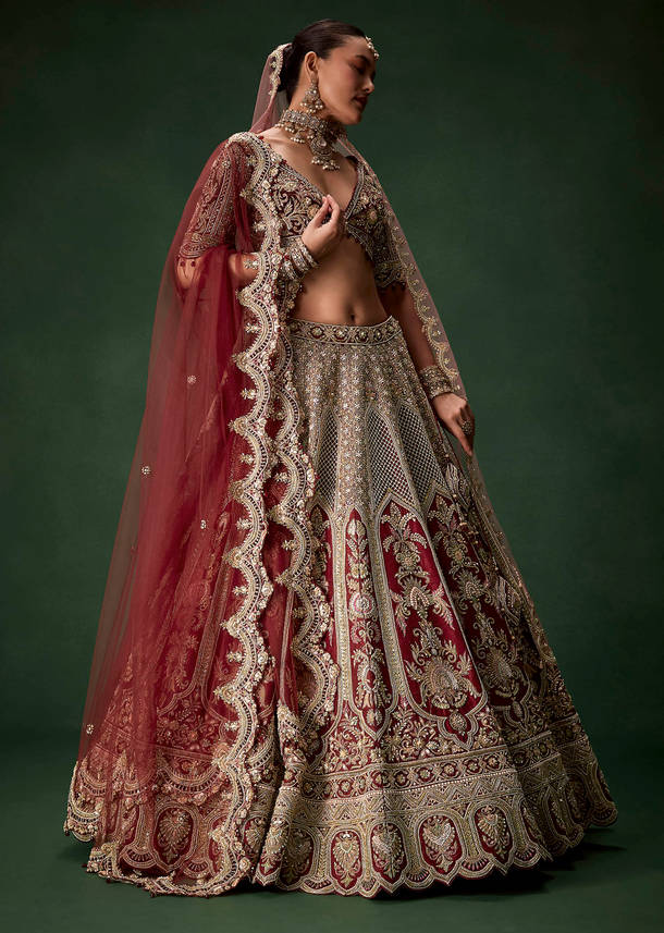 Maroon Bridal Silk Sequin Lehenga Set with  Two Dupattas