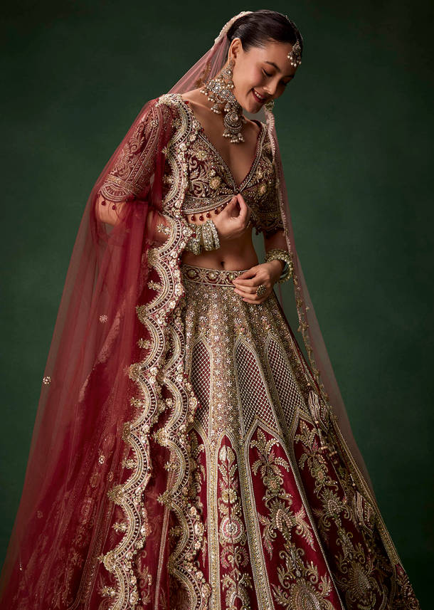 Maroon Bridal Silk Sequin Lehenga Set with  Two Dupattas