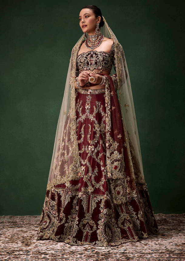 Maroon Bridal Silk Zardozi Lehenga Set with  Two Dupattas
