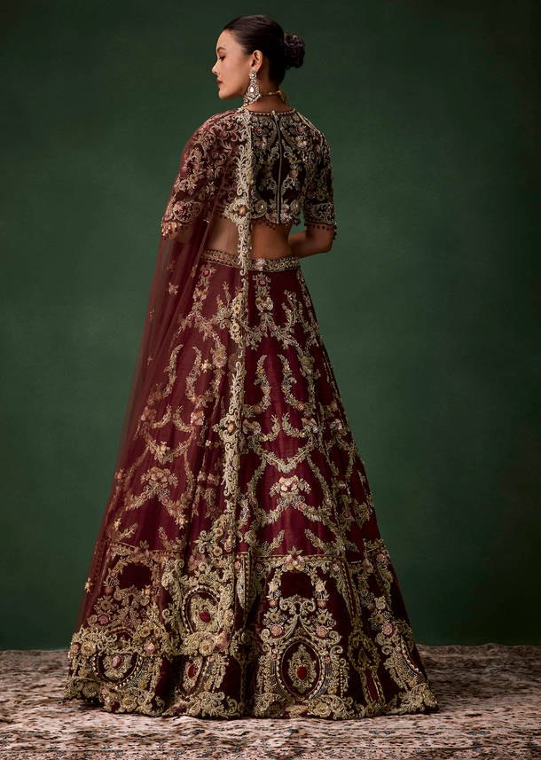 Maroon Bridal Silk Zardozi Lehenga Set with  Two Dupattas