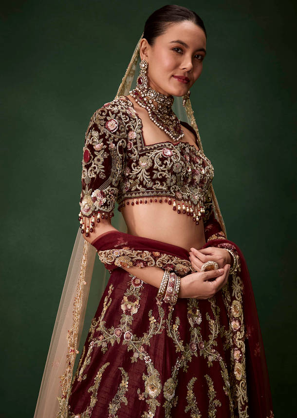 Maroon Bridal Silk Zardozi Lehenga Set with  Two Dupattas