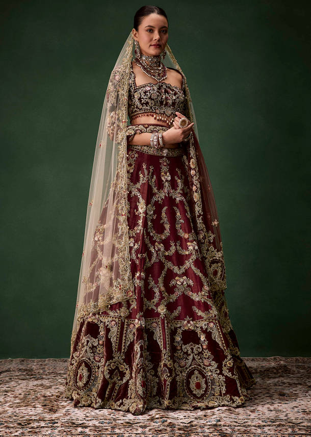 Maroon Bridal Silk Zardozi Lehenga Set with  Two Dupattas