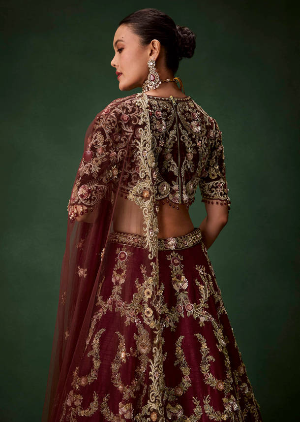 Maroon Bridal Silk Zardozi Lehenga Set with  Two Dupattas