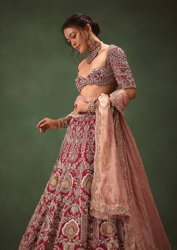 Maroon Raw Silk Hand Embroidered Bridal Lehenga With Two Dupattas