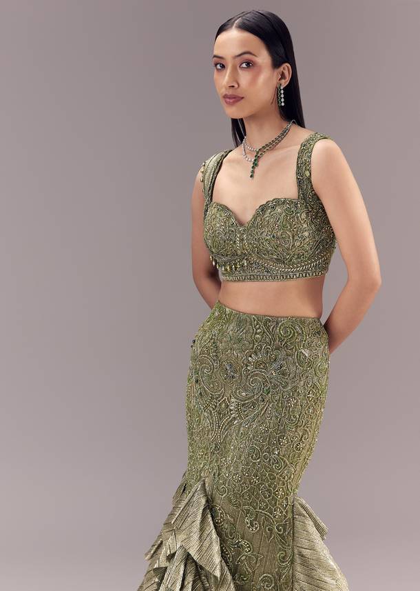 Mehendi Green Draped Blouse with Frill Skirt