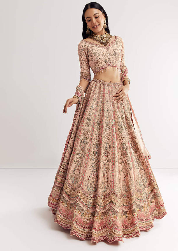 Multicolour Printed Stone Cutdana Embroidered Lehenga With Crepe Dupatta