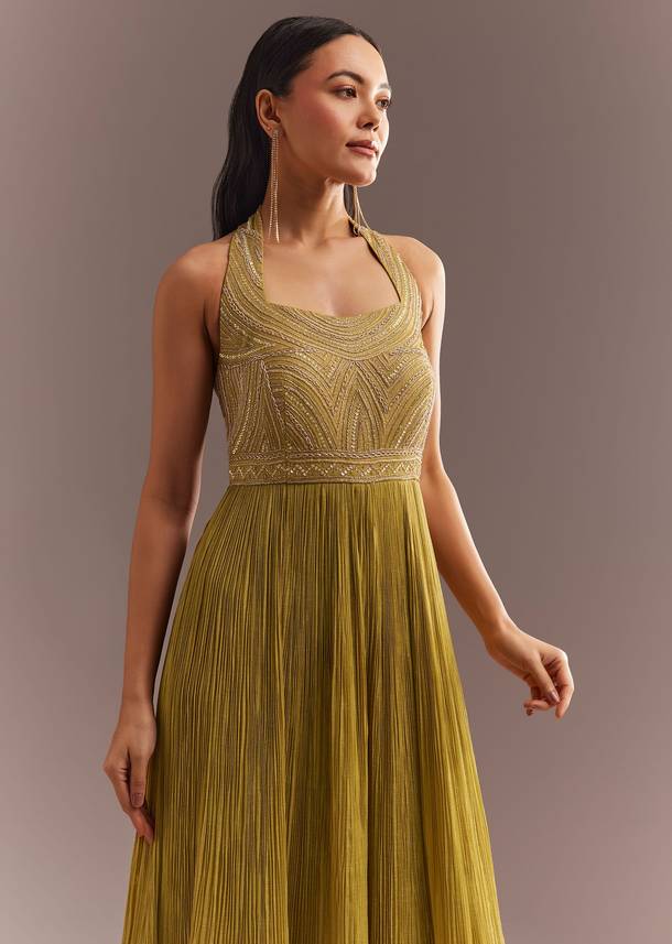 Mustard French Tissue Jumpsuit With Cutdana Work