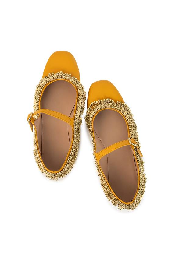 Mustard Yellow Faux Leather Bead Embellished Juttis