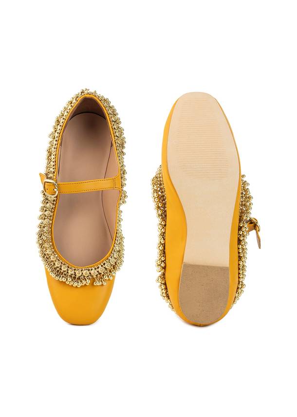 Mustard Yellow Faux Leather Bead Embellished Juttis