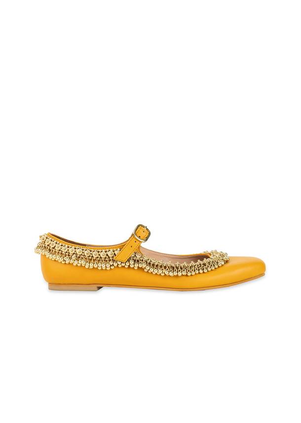 Mustard Yellow Faux Leather Bead Embellished Juttis