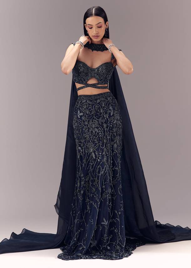 Navy Blue Embellished Fishcut Lehenga Set with Choker Dupatta