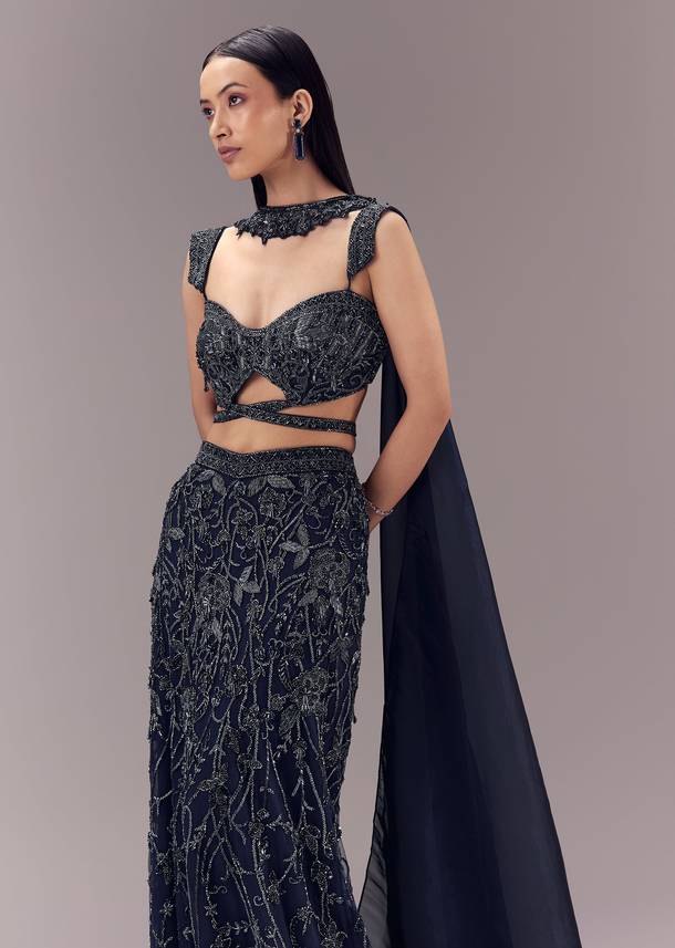 Navy Blue Embellished Fishcut Lehenga Set with Choker Dupatta
