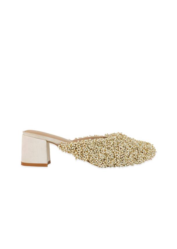 Off White Bead Hand Embellished Mules
