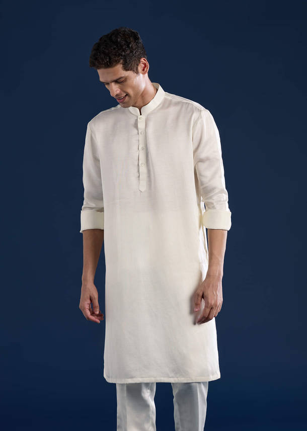 Off White Linen Satin Silk Jacket Kurta Set with Gotta Work