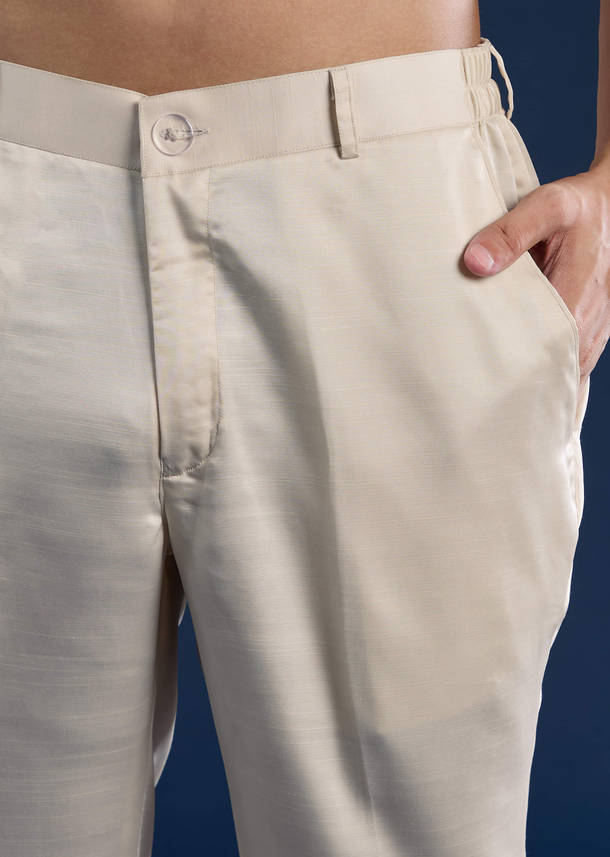 Off White Silk Jacket Kurta Set with Moti Work