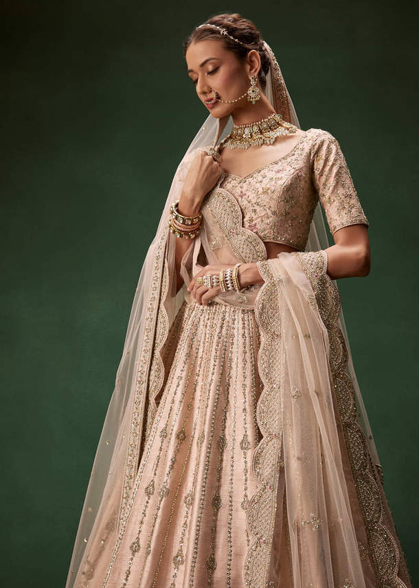 Pastel Pink Bridal Lehenga With Fully Embroidered Blouse And Layered Dupattas