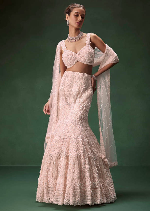 Pastel Pink Mermaid Bridal Lehenga With Intricate Embellishments