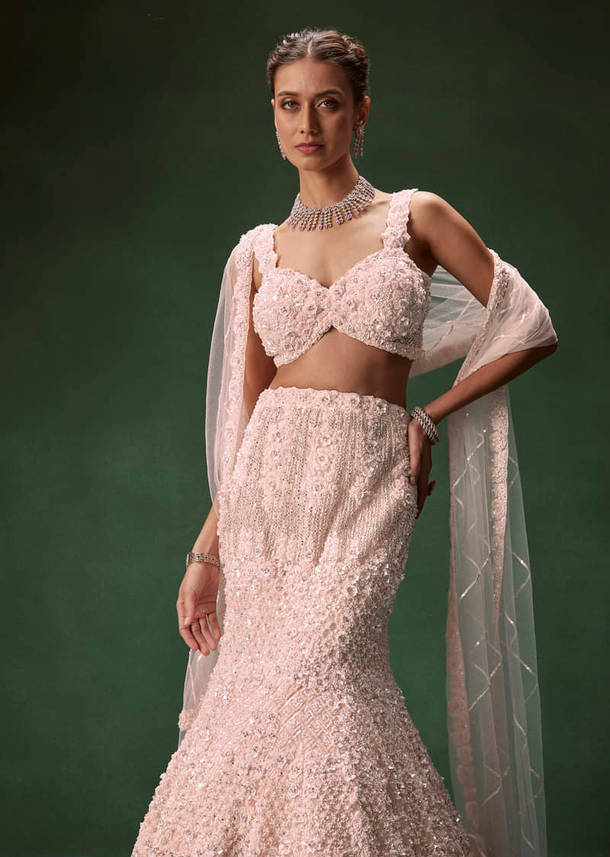 Pastel Pink Mermaid Bridal Lehenga With Intricate Embellishments
