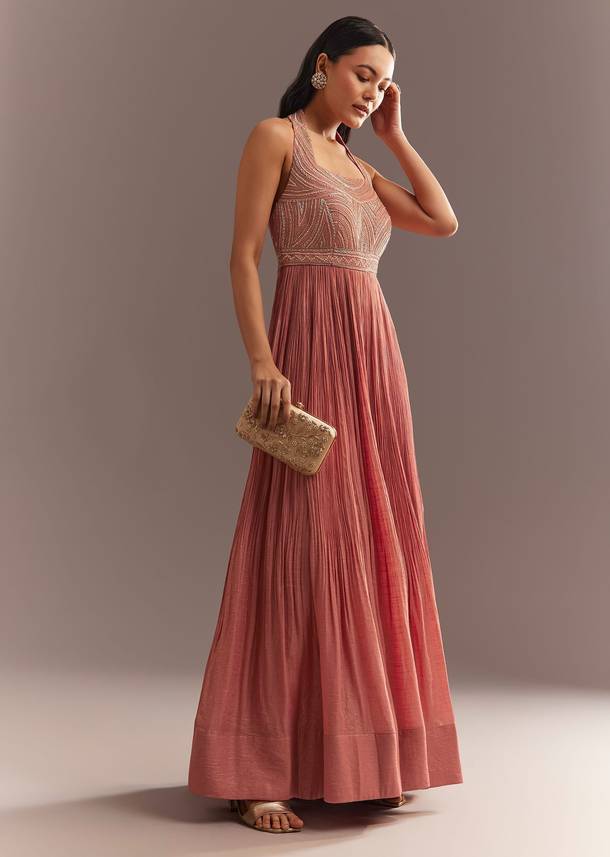 Peach French Tissue Jumpsui With Cutdana Work