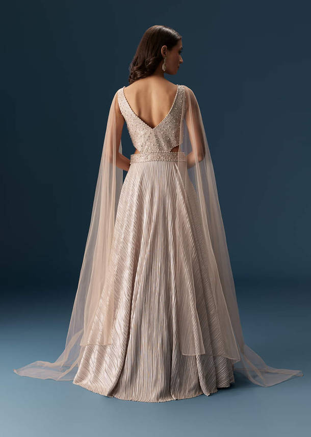 Peach Gown With Fully Embroidered Yoke And Feather Embellished Shoulders