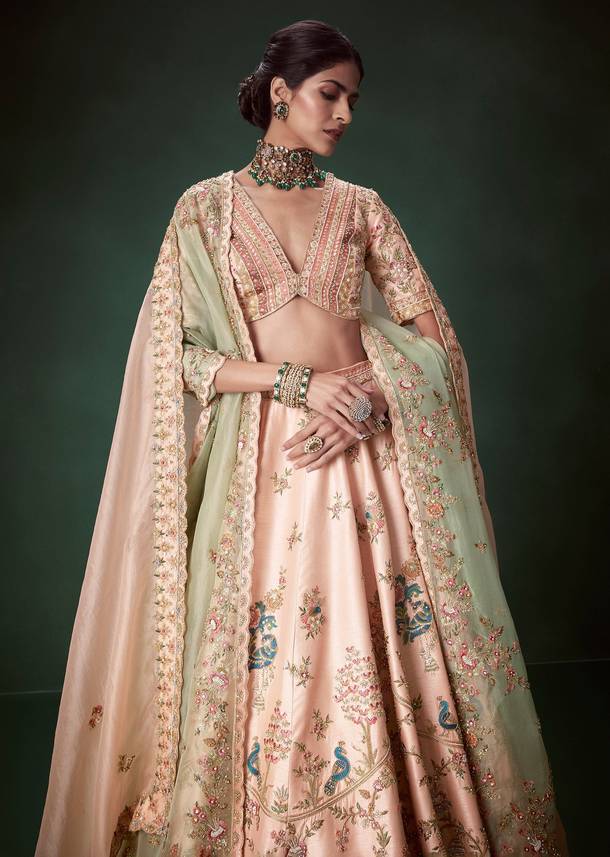 Peach Moti Embellished Bridal Lehenga Set