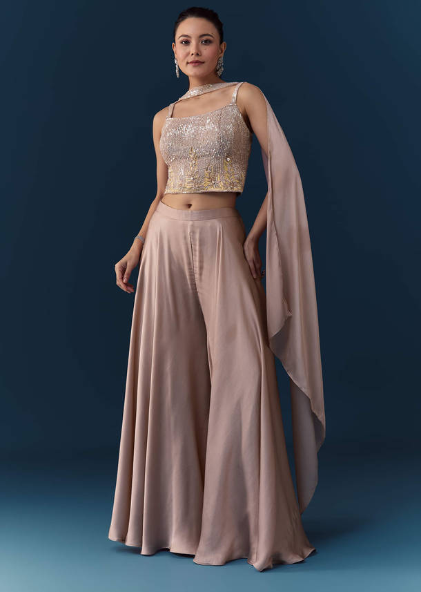 Peach Satin Sequin Work Crop Top Set with Dupatta
