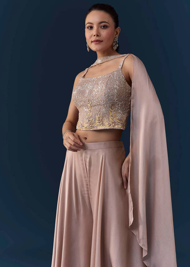 Peach Satin Sequin Work Crop Top Set with Dupatta