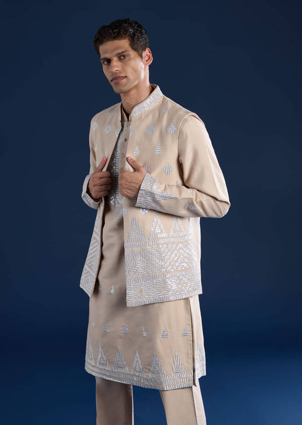Peach Silk Jacket Kurta Set with Zari Work