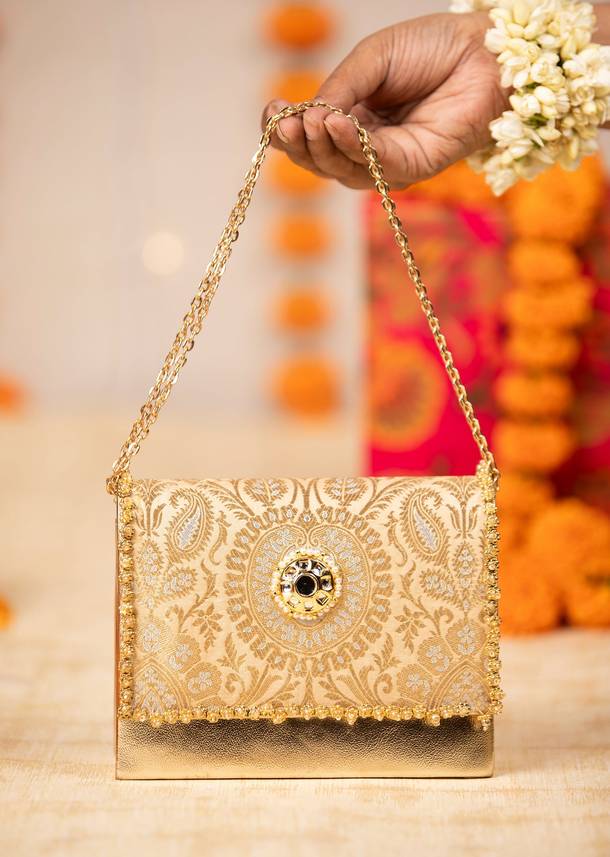 Peach Zari and Kundan Embellished Flap Bag
